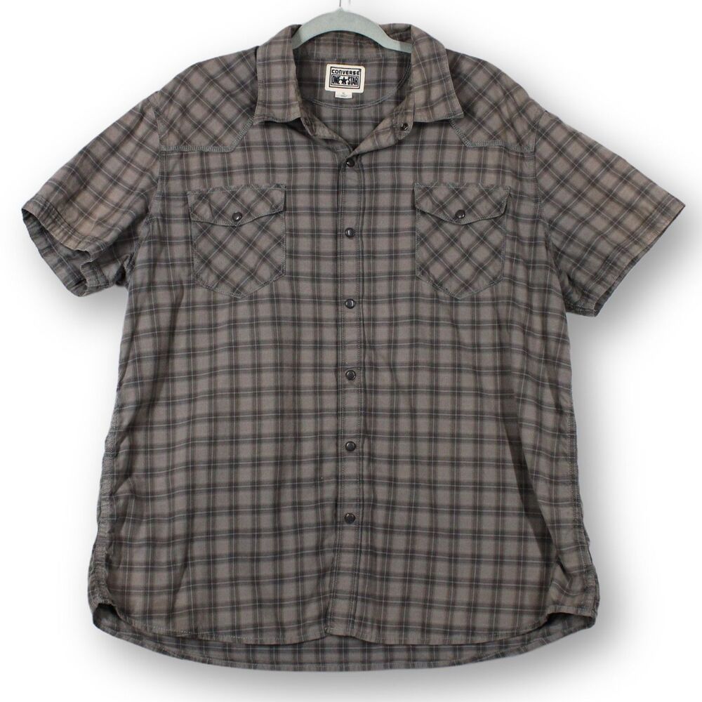 Converse One Star XL Gray Plaid Short Sleeve Button-up Shirt